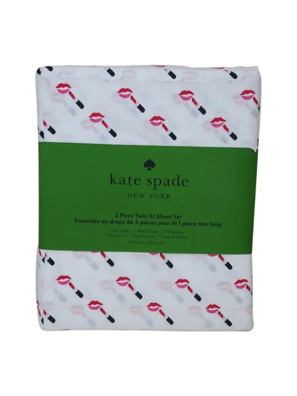 Kate Spade New York Twin XL 3-Piece Sheet Set Lipstick Kiss Print Dorm Teens